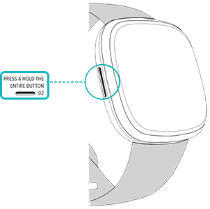 Illustration of a watch with text indicating you should hold the entire button for two seconds